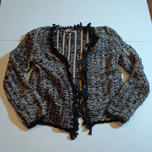 Jigsaw Tan Black Heathered Woven Knot Ribbon Fringe Hem Cropped Sweater A25
